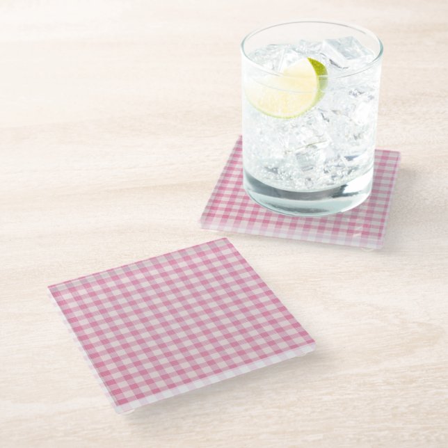 Baby-Pink-Gingham-Muster Glasuntersetzer (Schrägansicht)