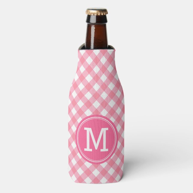 Baby Pink Gingham Personalize Monogram Flaschenkühler (Flaschenvorderseite)