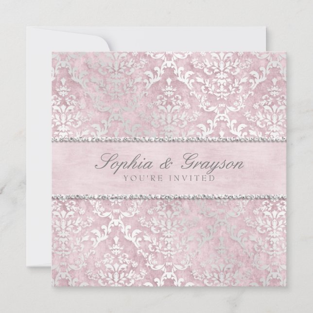 Baby Pink Glimmer Damask Wedite Einladung (Vorderseite)