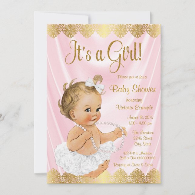 Baby Pink Gold Tutu Pearl Baby Dusche Einladung (Vorderseite)