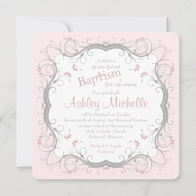 Baby Pink Grey Scroll Floral Taufe Einladung (Vorderseite)
