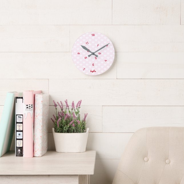 Baby Pink Hearts Individuelle Name Girls Kinder Zi Runde Wanduhr (Lesesaal)