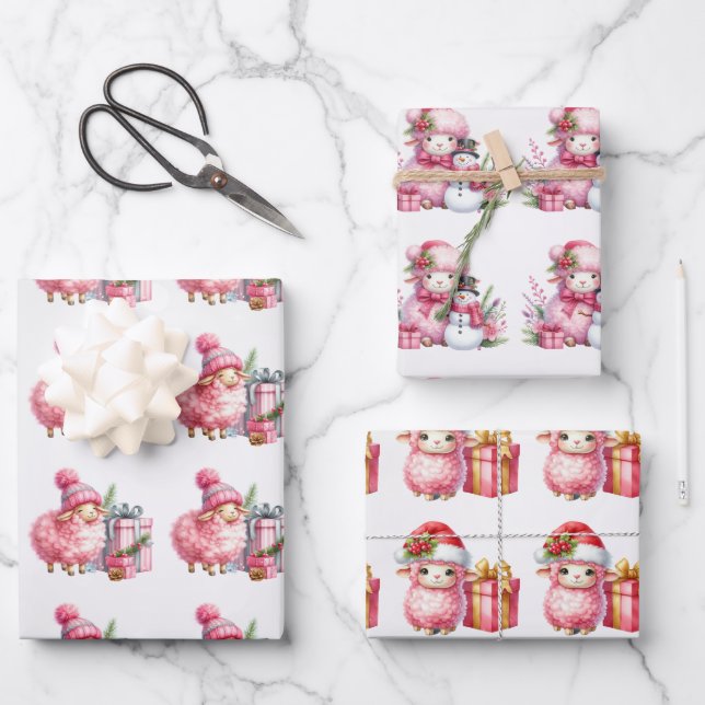 Baby Pink Lambs Weihnachtskids Geschenkpapier Set (Vorderseite)