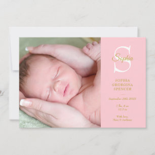 Baby Pink Monogram Birth 4 Fotos Modern Ankündigung