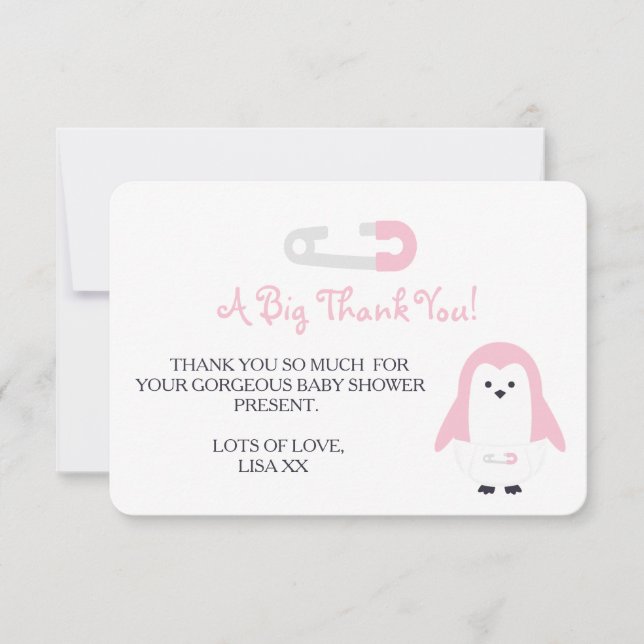 Baby Pink Penguin Vielen Dank Einladung (Vorderseite)