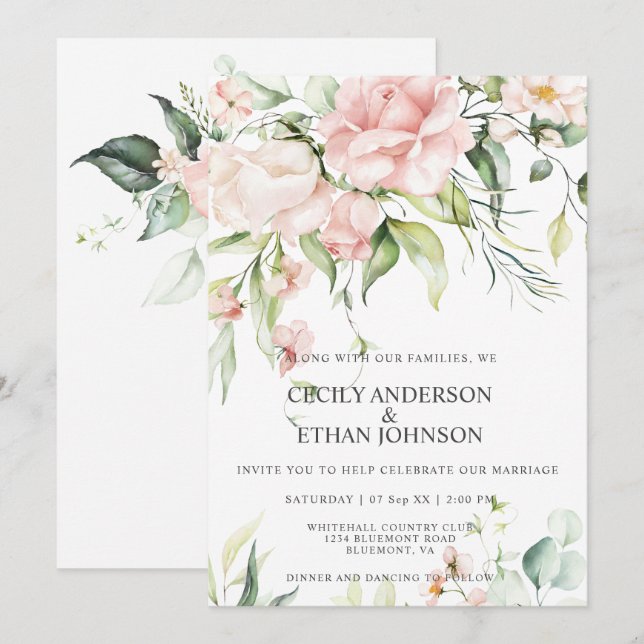Baby Pink Roses und Eukalyptus Greenerity Wedding Einladung (Vorne/Hinten)