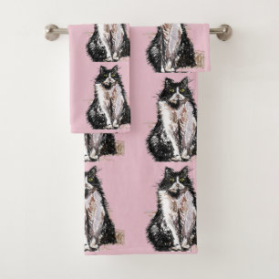 Baby Pink Tuxedo Black Cat Cats Handtuch Set