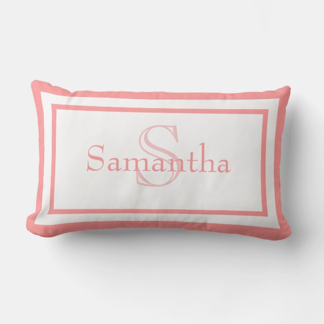 Baby Pink und weiße Monogramm Name Keepake Pilze Lendenkissen (Vorderseite)