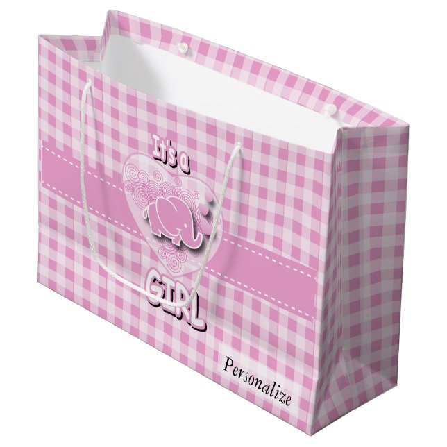 Baby Pink und White Kariert Baby Elephant Große Geschenktüte (Vorderseite Schrägansicht)