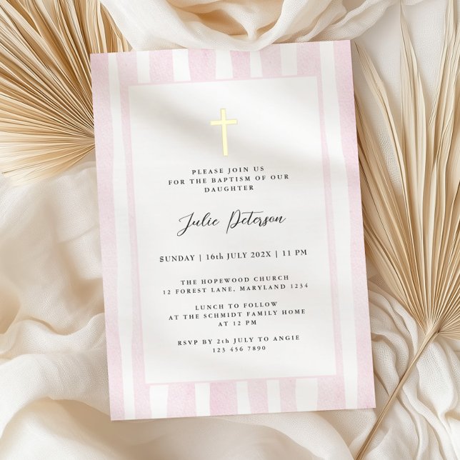 Baby Pink Watercolor Gold Cross Taufe Folieneinladung (Von Creator hochgeladen)