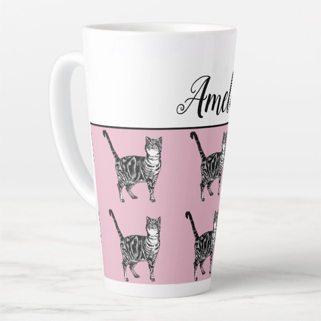 Baby Pink White Tabby Cats Whimsical Latte Tasse (Linke Ecke)
