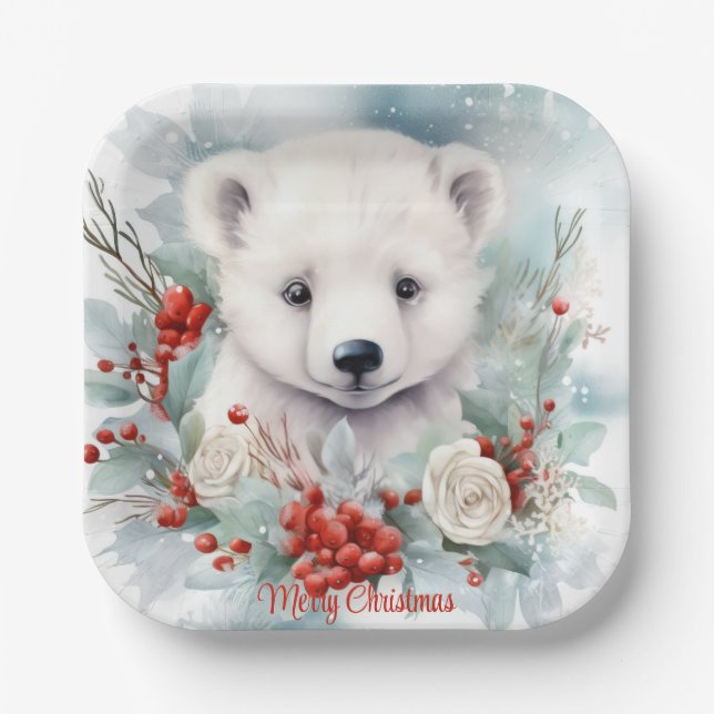 Baby Polar Bear Custom Text Holiday oder Weihnacht Pappteller (Vorderseite)
