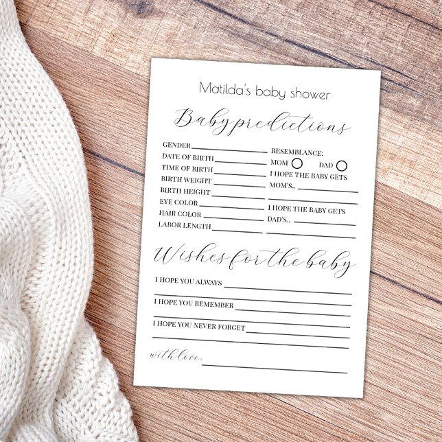 Baby Predications and Wish Baby Shower Game Karte (baby predictions and wishes for the baby shower game minimalist elegant gender neutral)