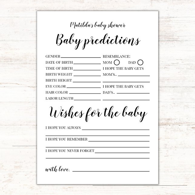 Baby Predications and Wish Baby Shower Game Karte (baby predictions and wishes for the baby, minimalist black and white gender neutral)