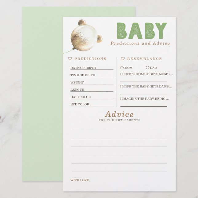 Baby Predictions and Advice Baby Shower Game (Vorne/Hinten)