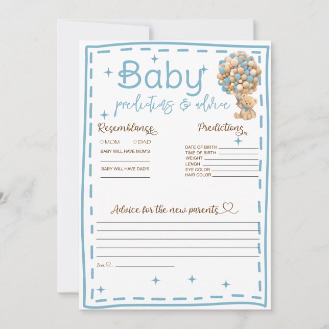 Baby Predictions and Advice Blue Teddy Bear Card Einladung (Vorderseite)