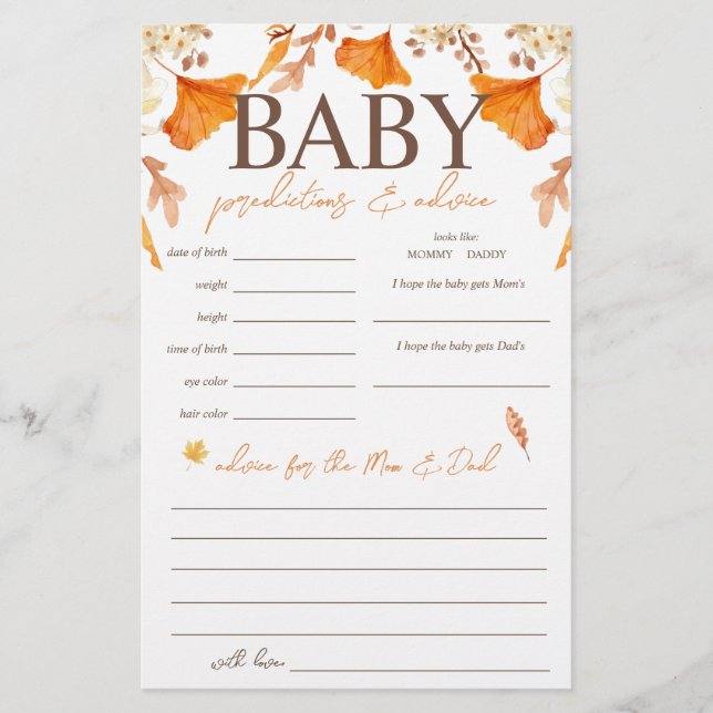 Baby Predictions and Advice Fall Baby Shower Game Flyer (Vorne)
