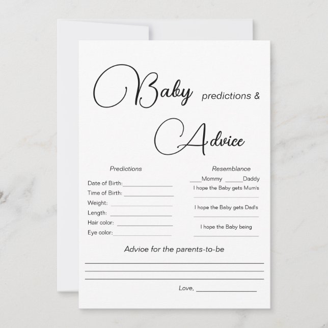 Baby Predictions Baby Shower Game Einladung (Vorderseite)
