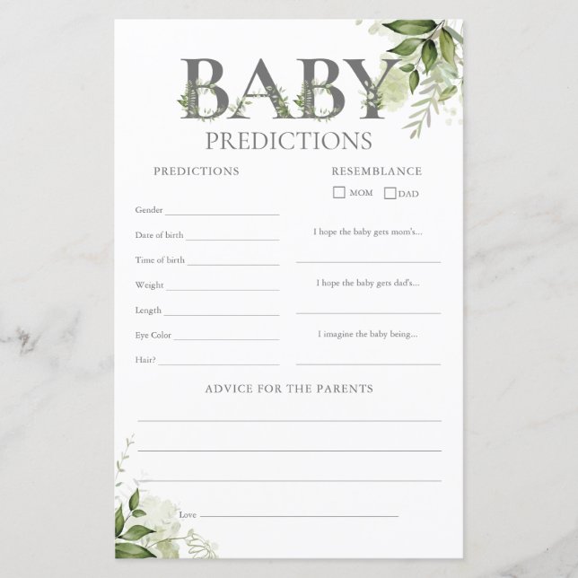 Baby Predictions Greenery Baby Shower Game (Vorderseite)