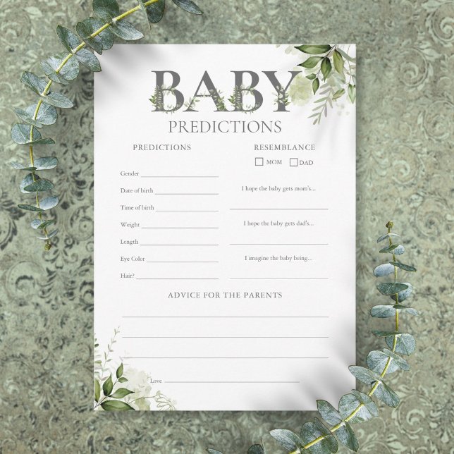 Baby Predictions Greenery Baby Shower Game Card Einladung (Baby Predictions Greenery Baby Shower Game Card)