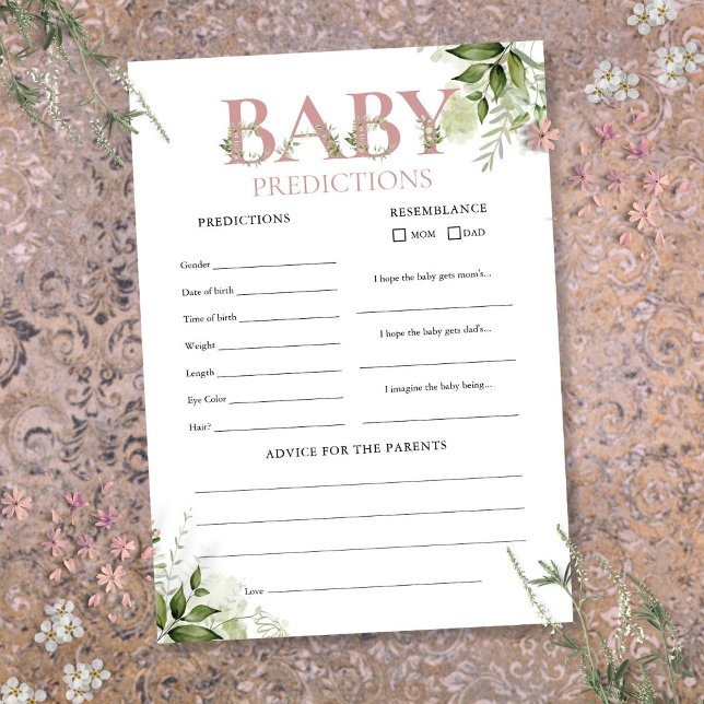 Baby Predictions Greenery Baby Shower Game Card Einladung (Baby Predictions Greenery Baby Shower Game Card)