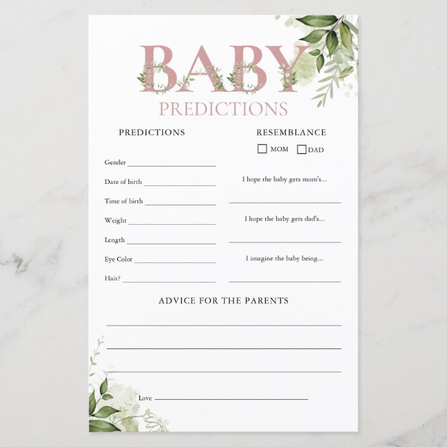 Baby Predictions Greenery Pink Baby Shower Game (Vorderseite)