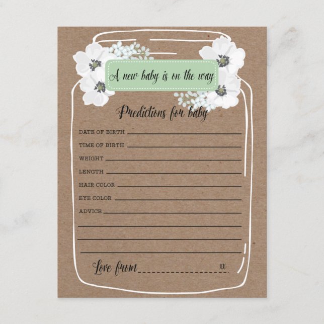 Baby Predictions Mason Jar Baby Shower Game Card Hinweiskarte (Vorderseite)