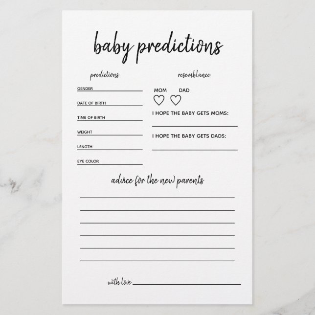 Baby Predictions Minimalistisch Baby Shower Game (Vorderseite)