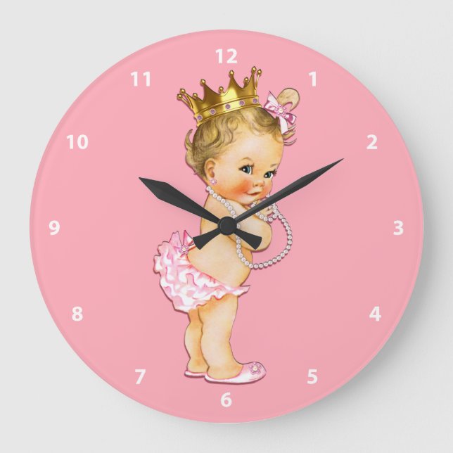 Baby Princess and Pearls Pink Große Wanduhr (Vorderseite)