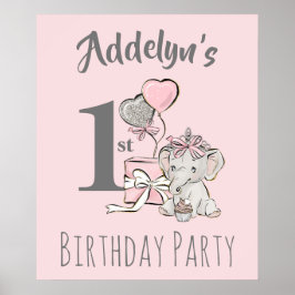 Baby Princess Elephant Girl Pink Gray 1. Geburtsta Poster