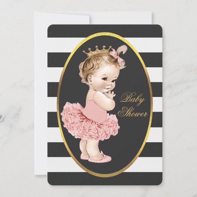 Baby Princess in Tutu Schwarz-weiße Streifen Gold Einladung (Vorderseite)
