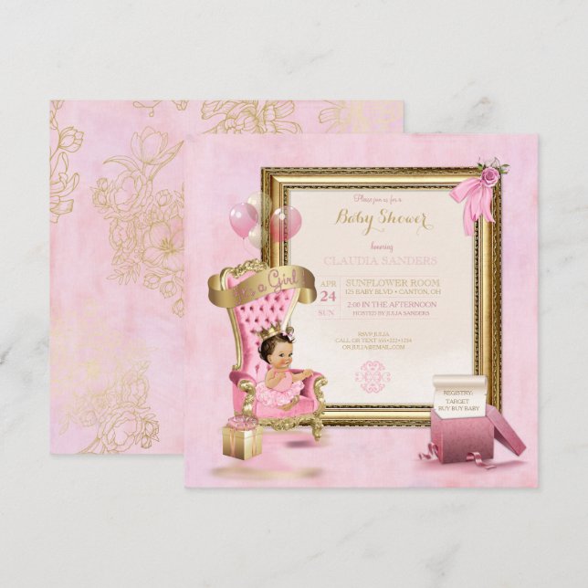 Baby Princess Tutu Crown Gold Pink Royal Einladung (Vorne/Hinten)