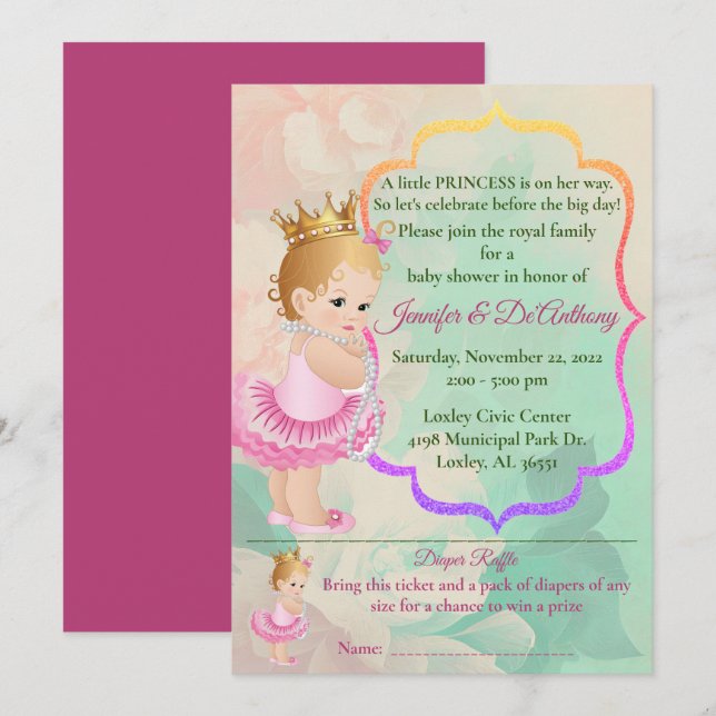 Baby Princess Watercolor Babydusche Einladung (Vorne/Hinten)