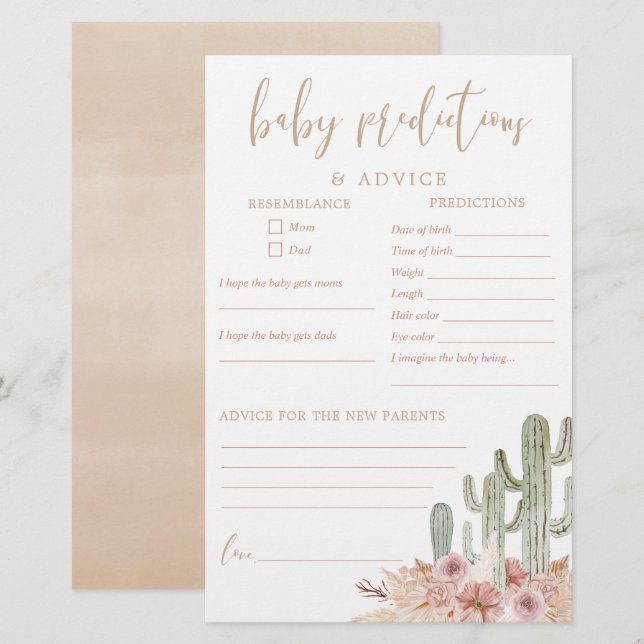 Baby pronostics carte conseil cactus désert boho (Devant / Derrière)