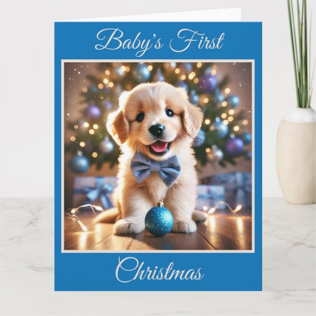 Baby Puppy's First Christmas (blau) Karte (Vorderseite)
