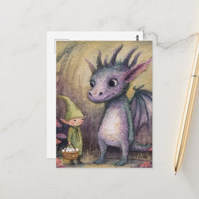 Baby Purple Dragon and Elf With Eggs Postkarte (Vorderseite/Rückseite Beispiel)