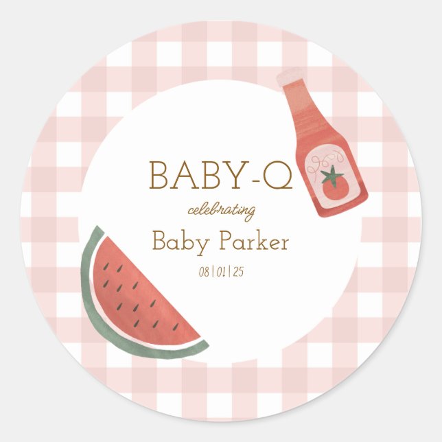 Baby-Q-Aufkleber mit rosa Gingham-Muster Runder Aufkleber (Vorderseite)