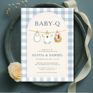 Baby-Q Blue Gingham Wäscheleine Babyparty-Einladun Einladung