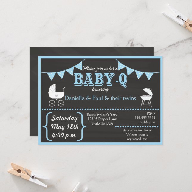 Baby-Q Chalkboard Baby shower bleu Invitation (Devant/Arrière en situation)