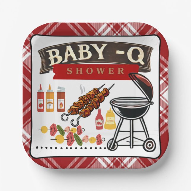 Baby-Q Checkered Red & Black Grill Baby Dusche Pappteller (Vorderseite)