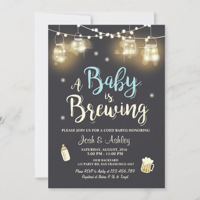Baby Q Einladung Coed GRILLEN Baby Brauerei Boy bl (Vorderseite)