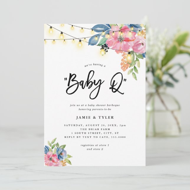 Baby Q Garden Party Blume & Lights Babydusche Einladung (Stehend Vorderseite)