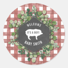 Baby q Gingham Botanical Pig Baby Shower Runder Aufkleber