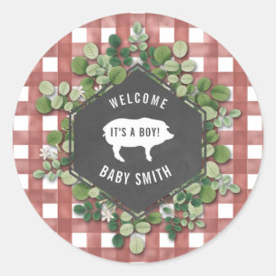 Baby q Gingham Botanical Pig Baby Shower Runder Aufkleber