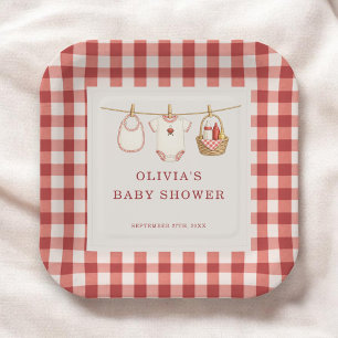 Baby-Q Gingham Rot Co-ed Baby Shower Party Pappteller