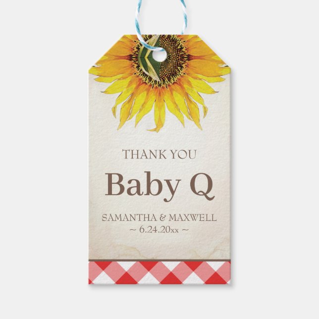 Baby Q Gingham und Sunflower Danke Red Geschenkanhänger (Vorderseite)