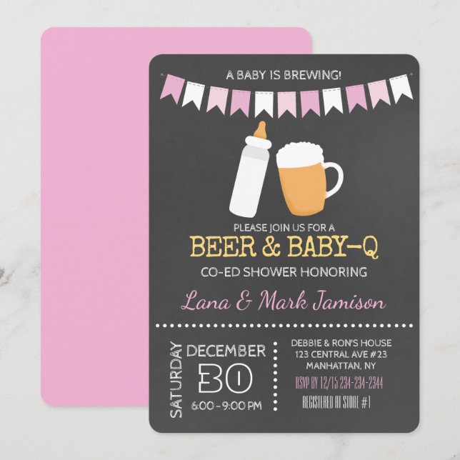Baby-Q GRILLEN Beer Shower Co-Ed Girl Einladung Pi (Vorne/Hinten)