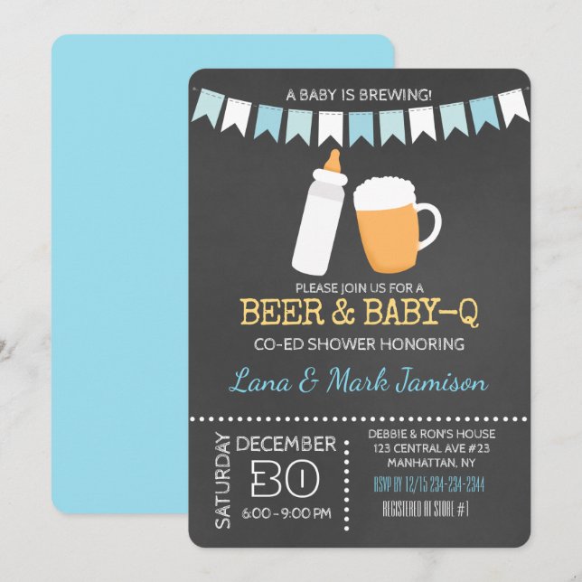 Baby-Q GRILLEN Beer Shower Invite (Blue Back) Einladung (Vorne/Hinten)