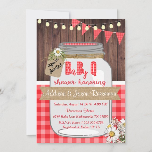 Baby Q Mason Jar Baby Shower Einladung GRILLEN (Vorderseite)