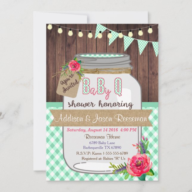 Baby Q Mason Jar Baby Shower Einladung GRILLEN (Vorderseite)